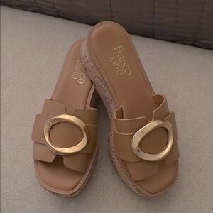 Franco Sarto Brown Slide Sandals with Gold Accent